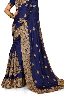 Women'S Navy Blue Zari Embroidered Satin Saree With Unstitch Blouse Piece 4