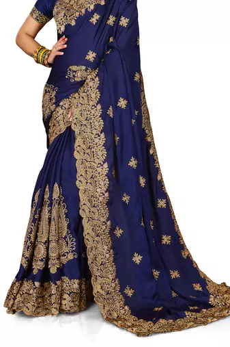 Women'S Navy Blue Zari Embroidered Satin Saree With Unstitch Blouse Piece