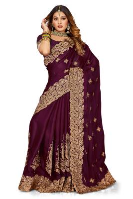 Women'S Wine Zari Embroidered Satin Saree With Unstitch Blouse Piece 1