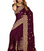 Women'S Wine Zari Embroidered Satin Saree With Unstitch Blouse Piece