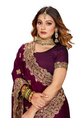 Women'S Wine Zari Embroidered Satin Saree With Unstitch Blouse Piece 2