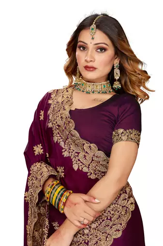 Women'S Wine Zari Embroidered Satin Saree With Unstitch Blouse Piece