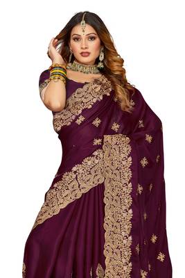 Women'S Wine Zari Embroidered Satin Saree With Unstitch Blouse Piece 3