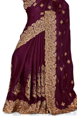 Women'S Wine Zari Embroidered Satin Saree With Unstitch Blouse Piece 4
