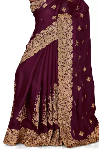 Women'S Wine Zari Embroidered Satin Saree With Unstitch Blouse Piece
