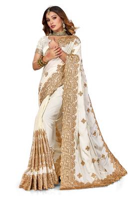 Women'S Off White Zari Embroidered Satin Saree With Unstitch Blouse Piece 1