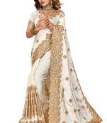 Women'S Off White Zari Embroidered Satin Saree With Unstitch Blouse Piece
