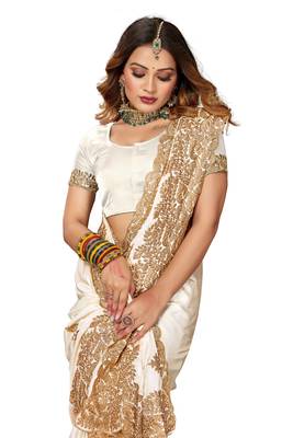 Women'S Off White Zari Embroidered Satin Saree With Unstitch Blouse Piece 2