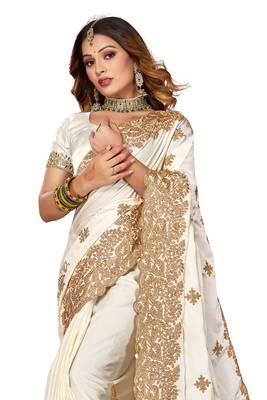 Women'S Off White Zari Embroidered Satin Saree With Unstitch Blouse Piece 3