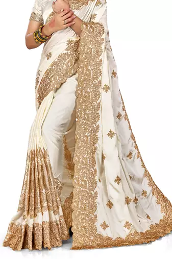 Women'S Off White Zari Embroidered Satin Saree With Unstitch Blouse Piece