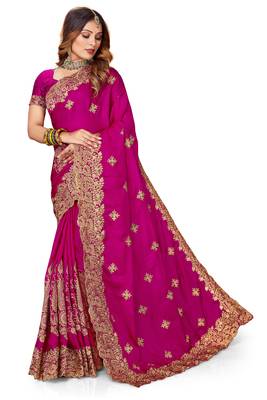 Women'S Magenta Zari Embroidered Satin Saree With Unstitch Blouse Piece 1