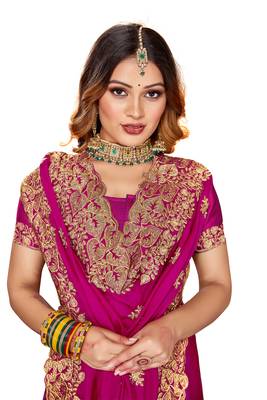 Women'S Magenta Zari Embroidered Satin Saree With Unstitch Blouse Piece 2