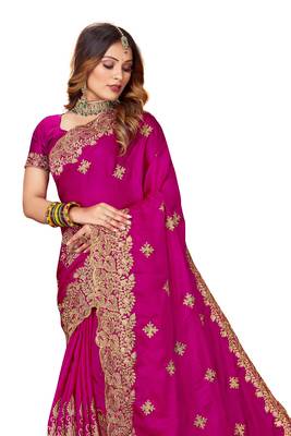 Women'S Magenta Zari Embroidered Satin Saree With Unstitch Blouse Piece 3