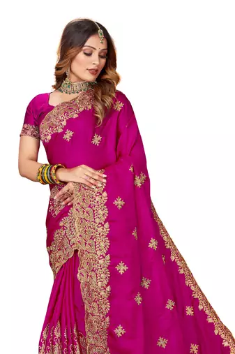 Women'S Magenta Zari Embroidered Satin Saree With Unstitch Blouse Piece