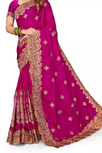 Women'S Magenta Zari Embroidered Satin Saree With Unstitch Blouse Piece