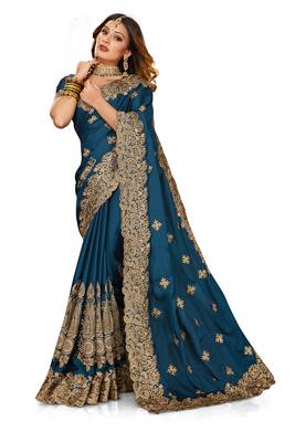 Women'S Teal Blue Zari Embroidered Satin Saree With Unstitch Blouse Piece 1