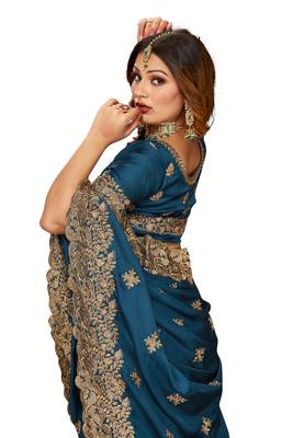 Women'S Teal Blue Zari Embroidered Satin Saree With Unstitch Blouse Piece 2