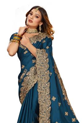 Women'S Teal Blue Zari Embroidered Satin Saree With Unstitch Blouse Piece 3