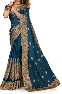 Women'S Teal Blue Zari Embroidered Satin Saree With Unstitch Blouse Piece 4