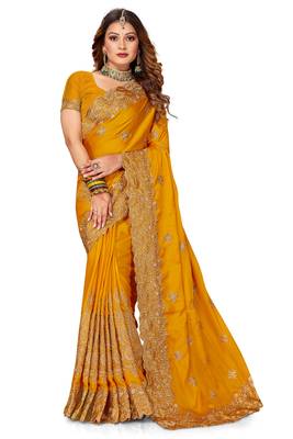 Women'S Mustard Zari Embroidered Satin Saree With Unstitch Blouse Piece 1