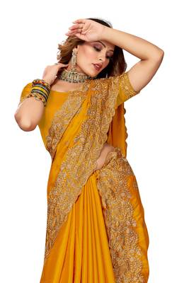 Women'S Mustard Zari Embroidered Satin Saree With Unstitch Blouse Piece 2