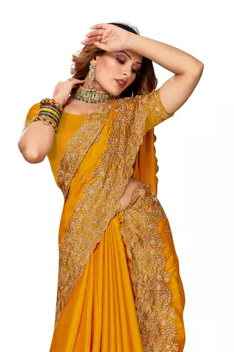 Women'S Mustard Zari Embroidered Satin Saree With Unstitch Blouse Piece