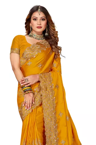 Women'S Mustard Zari Embroidered Satin Saree With Unstitch Blouse Piece