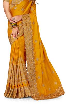 Women'S Mustard Zari Embroidered Satin Saree With Unstitch Blouse Piece 4