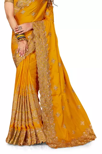 Women'S Mustard Zari Embroidered Satin Saree With Unstitch Blouse Piece