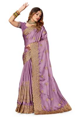 Women'S Purple Zari Embroidered Satin Saree With Unstitch Blouse Piece 1