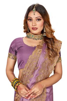 Women'S Purple Zari Embroidered Satin Saree With Unstitch Blouse Piece 2