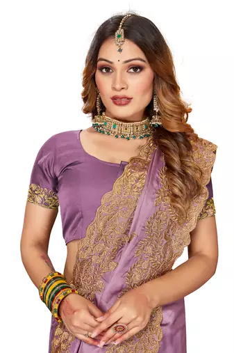 Women'S Purple Zari Embroidered Satin Saree With Unstitch Blouse Piece