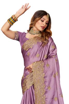 Women'S Purple Zari Embroidered Satin Saree With Unstitch Blouse Piece 3