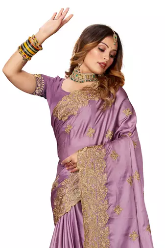 Women'S Purple Zari Embroidered Satin Saree With Unstitch Blouse Piece