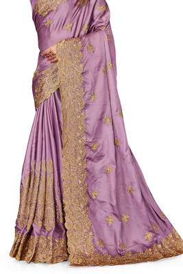 Women'S Purple Zari Embroidered Satin Saree With Unstitch Blouse Piece 4