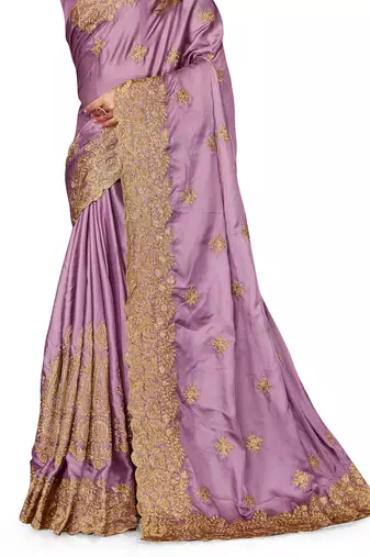 Women'S Purple Zari Embroidered Satin Saree With Unstitch Blouse Piece