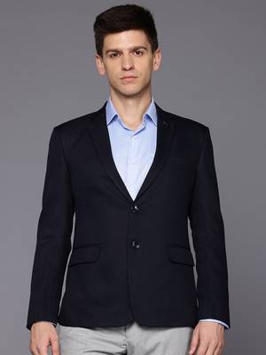 navy blue single-breasted slim fit self-design blazer 1