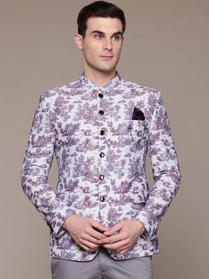 Men's lavender slim-fit bandhgala jodhpuri blazer with off-white base and digital print 1