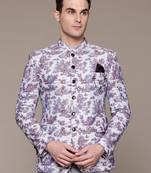 Men's lavender slim-fit bandhgala jodhpuri blazer with off-white base and digital print