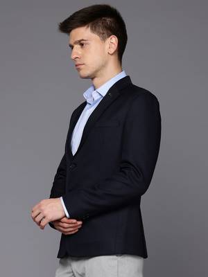 navy blue single-breasted slim fit self-design blazer 3