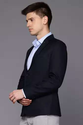 navy blue single-breasted slim fit self-design blazer