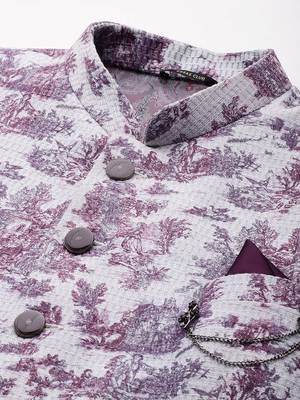 Men's lavender slim-fit bandhgala jodhpuri blazer with off-white base and digital print 2