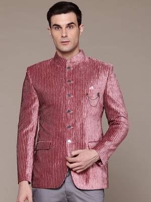 pink velvet slim-fit bandhgala jodhpuri blazer with silver shine threads 1