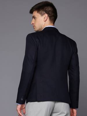 navy blue single-breasted slim fit self-design blazer 4