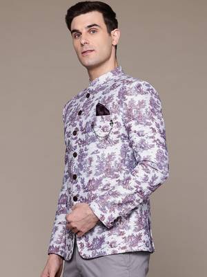 Men's lavender slim-fit bandhgala jodhpuri blazer with off-white base and digital print 3