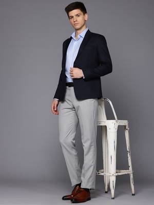 navy blue single-breasted slim fit self-design blazer 5
