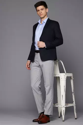 navy blue single-breasted slim fit self-design blazer