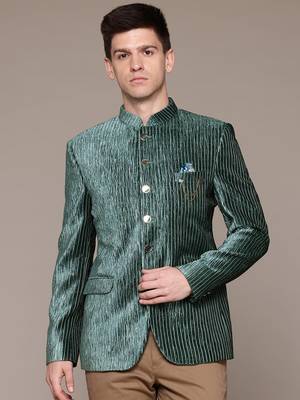 green velvet slim-fit bandhgala jodhpuri blazer with silver shine threads 1