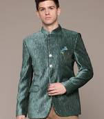 green velvet slim-fit bandhgala jodhpuri blazer with silver shine threads