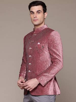 pink velvet slim-fit bandhgala jodhpuri blazer with silver shine threads 3